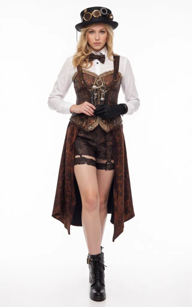 A French female model wearing Steampunk   style clothing, against a white background, in a front   facing shot focusing on shoes